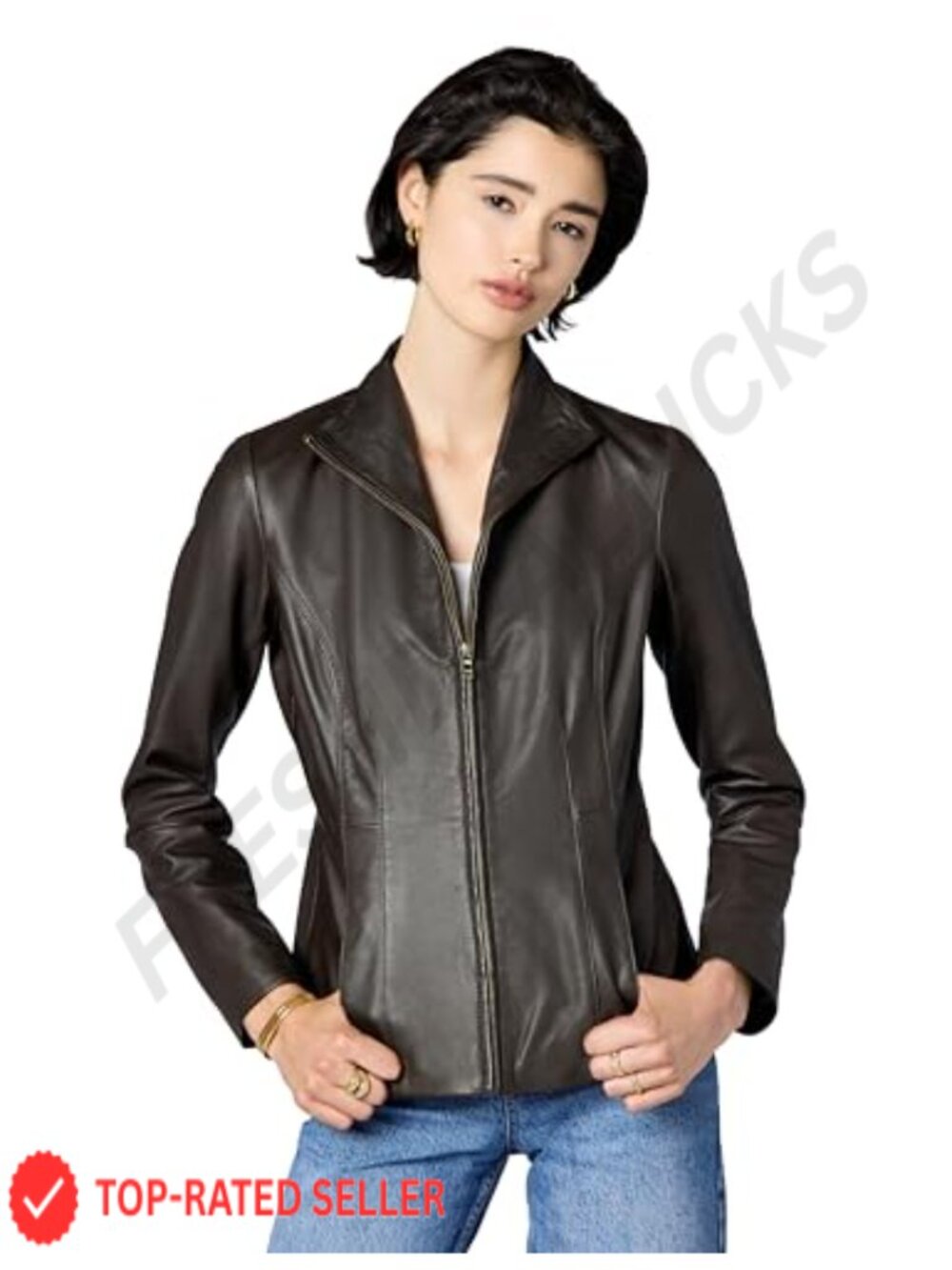 Genuine Leather Wing Collared Jacket Long Sleeve Lined Overcoat